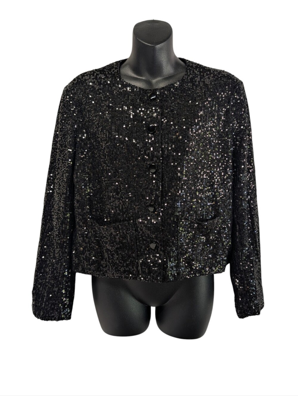 Steve Madden Black Sequin Button Front Cardigan Jacket Long Sleeve Size M NWOT